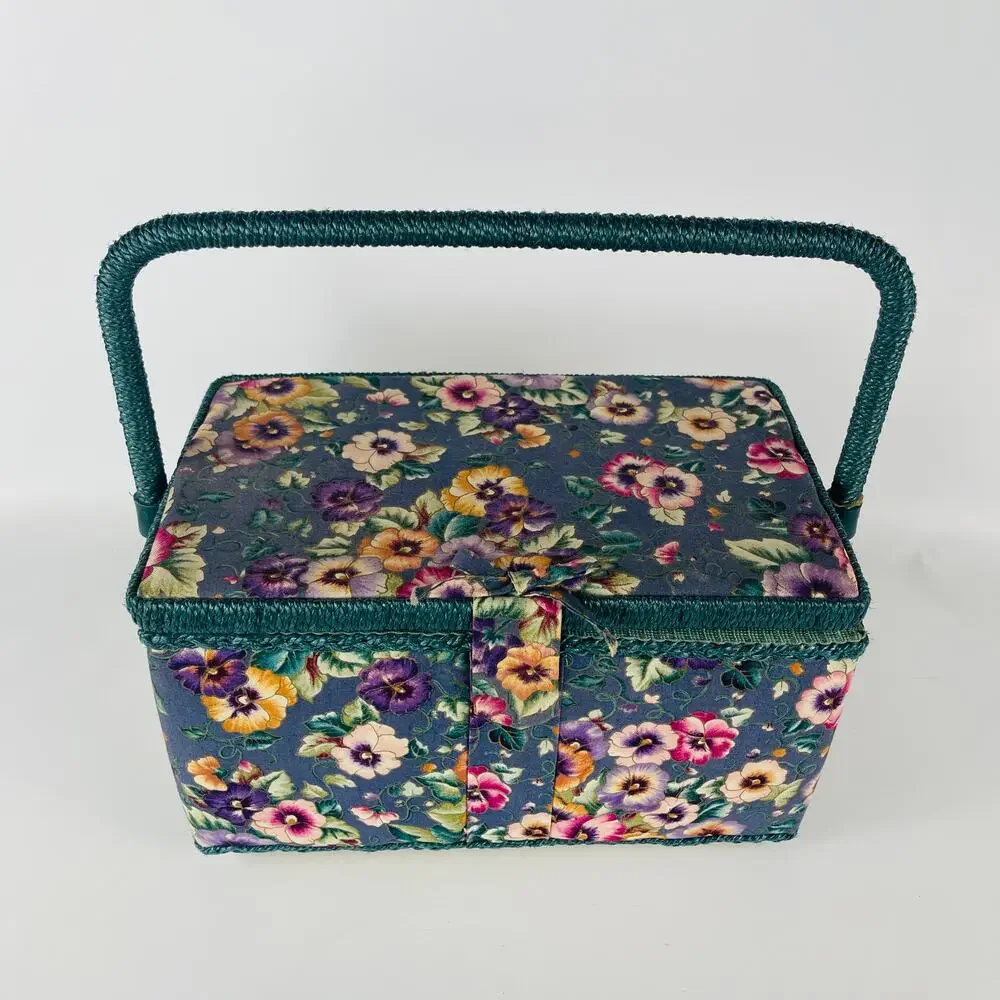 Vintage Style Hobby Sewing Box Blue with Pansy Print Green Trim with Pin Cushion - Picture 8 of 8